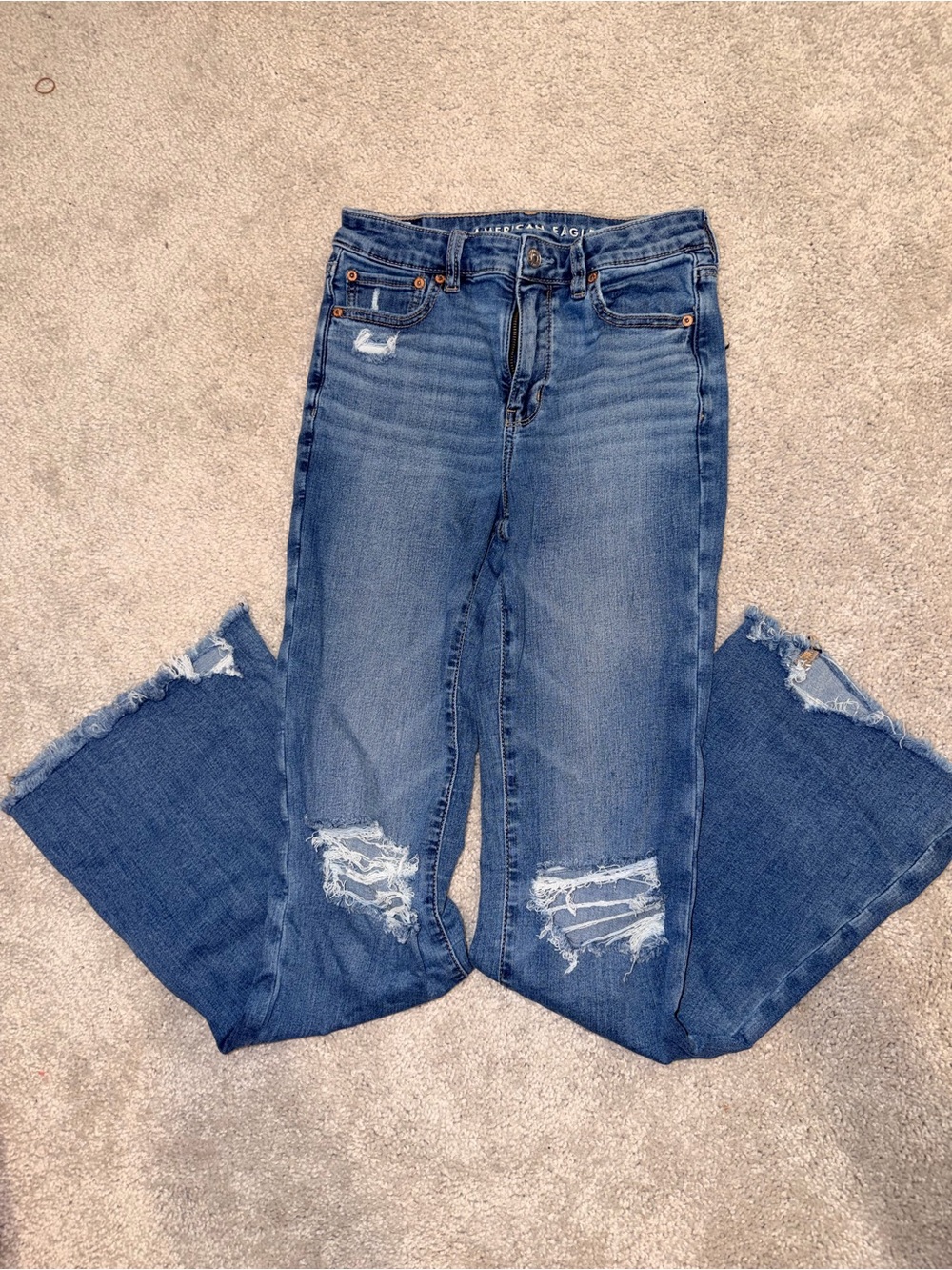 American Eagle Outfitters Medium Blue Distressed High-Rise Flare Jeans